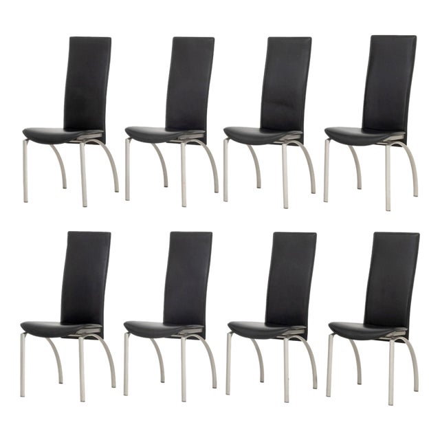 Set of Eight Modern Black Leather Dining Chairs For Sale