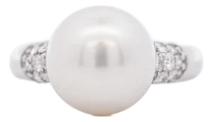 11.5mm White Pearl and Round Cut Diamond Accent Platinum Ring, Size 7