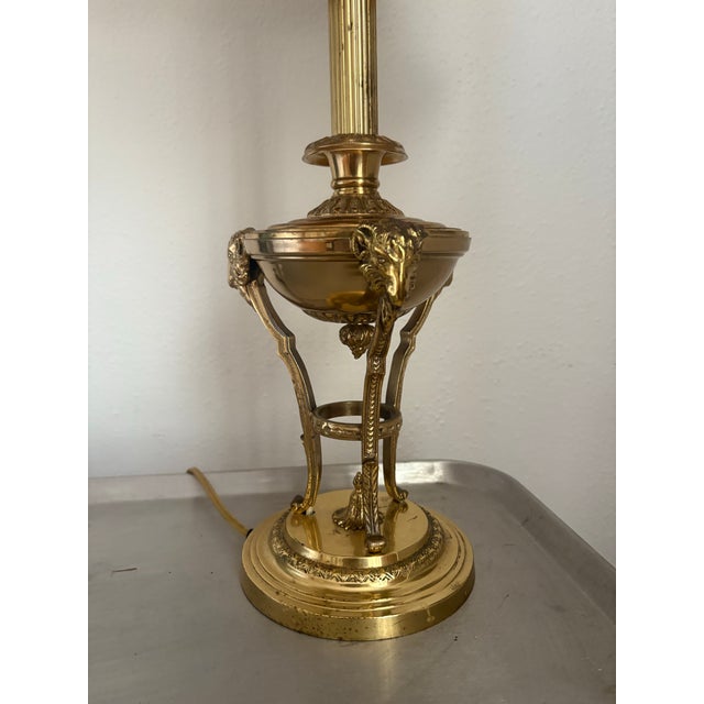 Metal 1960s Hollywood Regency Brass Ram Lamp With Silk Striped Shade For Sale - Image 7 of 8