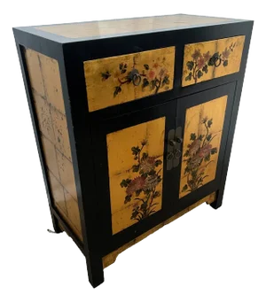 Mid Century Chinese Console Cabinet, Two Drawers Chinoiserie Hand Painted Flowers