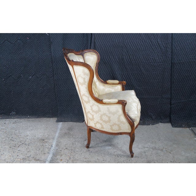 Late 19th Century 2 Antique French Louis XV Walnut Fauteuil Bergere Wingback Armchairs For Sale - Image 5 of 17