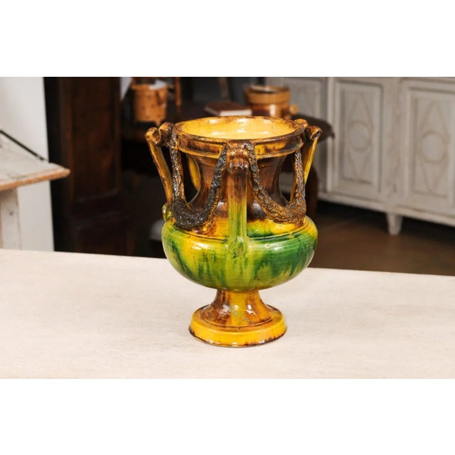 19th Century French Classical 19th Century Anduze Multi-Colored Glazed Vase with Swag Motifs For Sale - Image 5 of 12