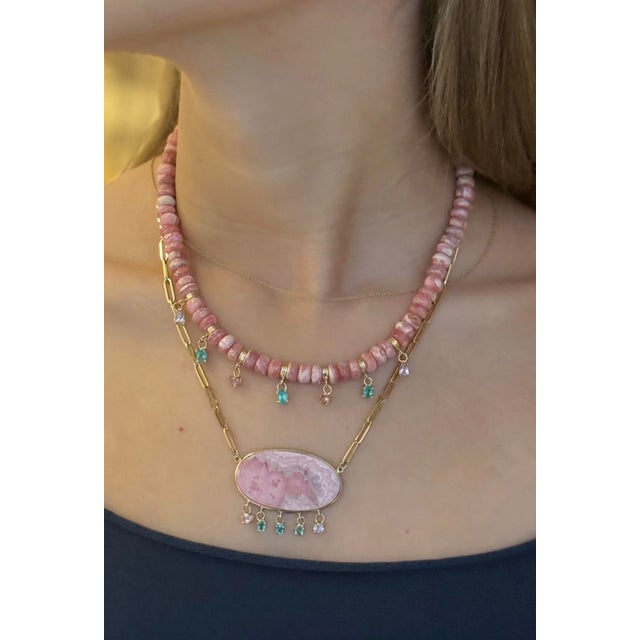 Rhodochrosite Rondelle Fringe Necklace With Pink Spinel, Emeralds & 14k Gold For Sale - Image 4 of 12