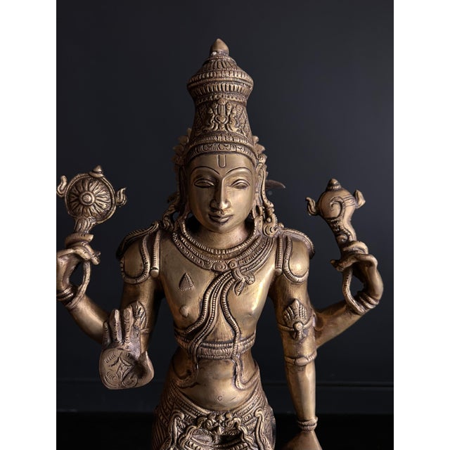 Indian Early 20th Century South Indian Brass Bronze Statue Vishnu Metal Heavy Large Antique For Sale - Image 3 of 13
