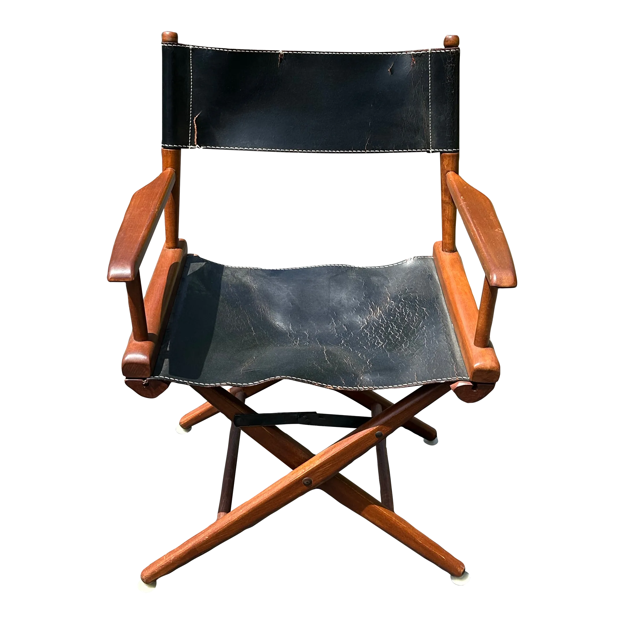 Vintage Mid-Century Black Leather Distressed Directors Chair