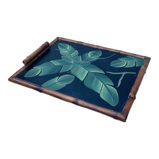 Vintage Palm Regency Faux Bamboo Tray With Painted Palm Leaves For Sale