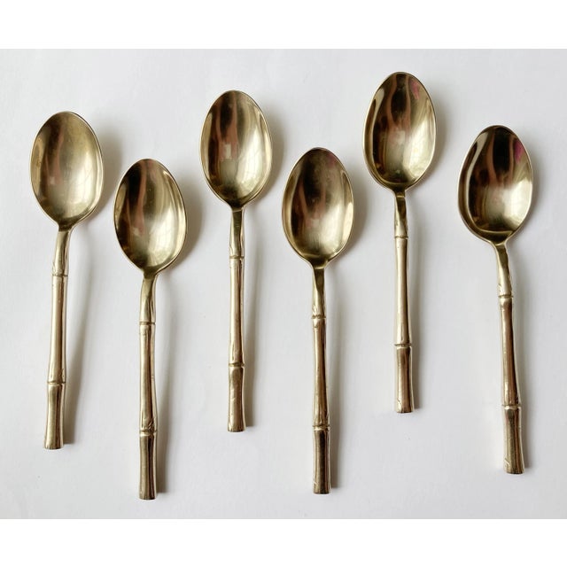 Set of 6 mid century Star of Siam bronze flatware tea spoons with distinctive faux bamboo pattern to handles. Marked. A...
