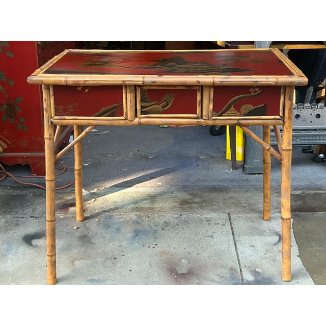 Red Victorian Chinoiserie & Burnt Bamboo Red Lacquer Side Table Desk For Sale - Image 8 of 8