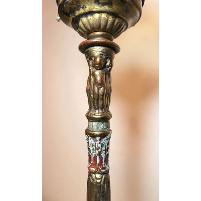 Antique Bronze Clad Glass Figural 4 Graces Putti Polychromed Electric Table Lamp For Sale - Image 10 of 12