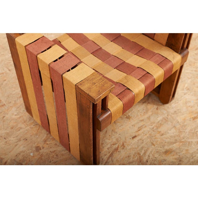 Beige Viennese Armchair in Wooden Construction and Upholstered with Beige Red Linen Bands For Sale - Image 8 of 15