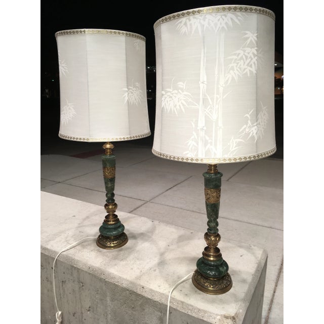 Pair of Japanese Bronze & Marble Column Table Lamps With Original Shades For Sale - Image 12 of 13