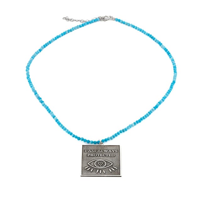 Contemporary Sterling Silver I Am Always Protected Pendant Turquoise Stone Beaded Necklace For Sale - Image 3 of 10