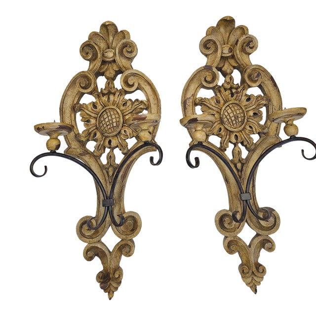 1980s Distress Painted and Carved Wood and Iron Two Arm Pricket Sconces - A Pair For Sale
