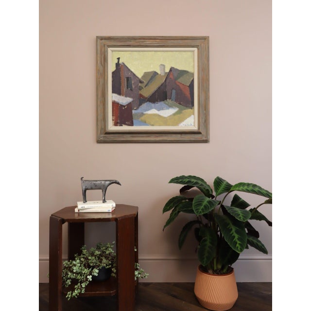 Mid-Century Modern Mid-Century Modern 'Houses in Snow' Vintage Street Scene Oil Painting by Finnish Artist Paavo Airola (1918 – 1983), Framed For Sale - Image 3 of 13