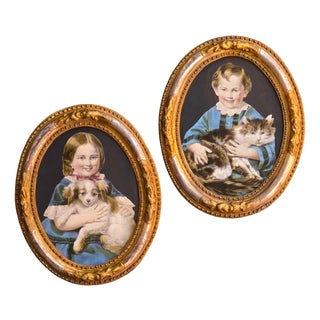 Regnier, Bettanier & Morlon, Children and Pets, 1800s, Colored Lithographs, Framed, Set of 2 For Sale
