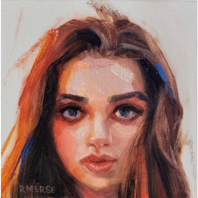 This oil on panel artwork features a close-up portrait of a young woman, capturing her intense gaze and expressive...