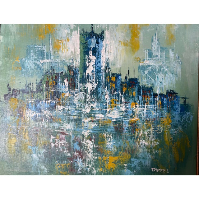 Mid century painting on canvas with signature in various shades of blue. Original mid century frame. Very eye catching.