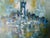 Mid century painting on canvas with signature in various shades of blue. Original mid century frame. Very eye catching.