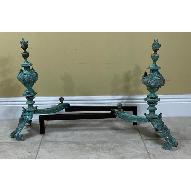 Rococo 1940s Rococo Style Bronze Brass Iron Fireplace Andirons - a Pair For Sale - Image 3 of 9