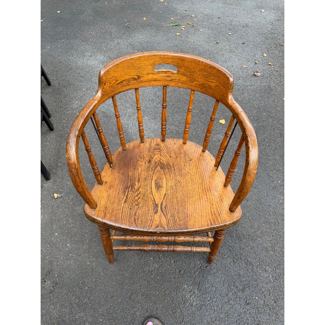 American Antique Oak Captain's or Firehouse Barrel-Back Chair For Sale - Image 3 of 5