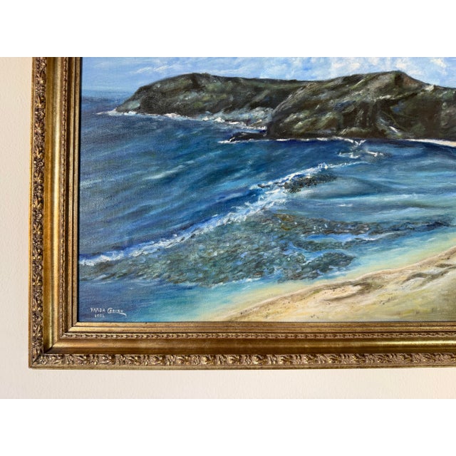 Turquoise 1982 Vintage Yarda Grish Impressionist Coastal Landscape Oil on Canvas Painting – Signed & Framed For Sale - Image 8 of 12