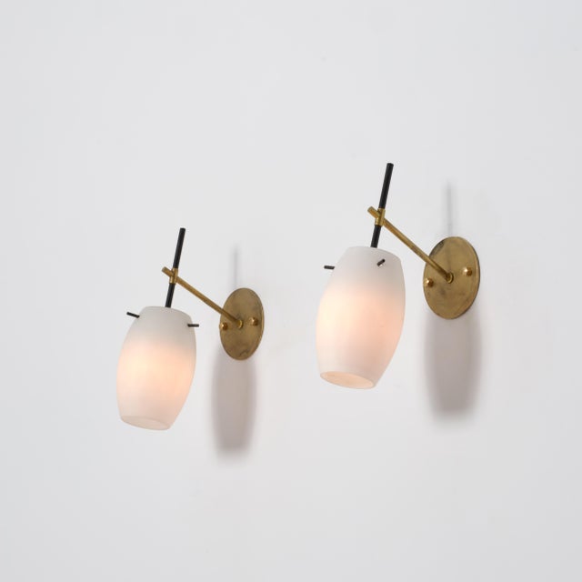 Mid-Century Italian Wall Sconces in Brass, Black Lacquer and Opaline Glass, 1950s, Set of 2 For Sale - Image 11 of 11