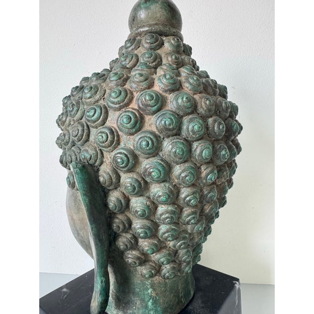 Vintage Verdigris Bronze Buddha Head Sculpture on Black Marble Base For Sale - Image 4 of 12