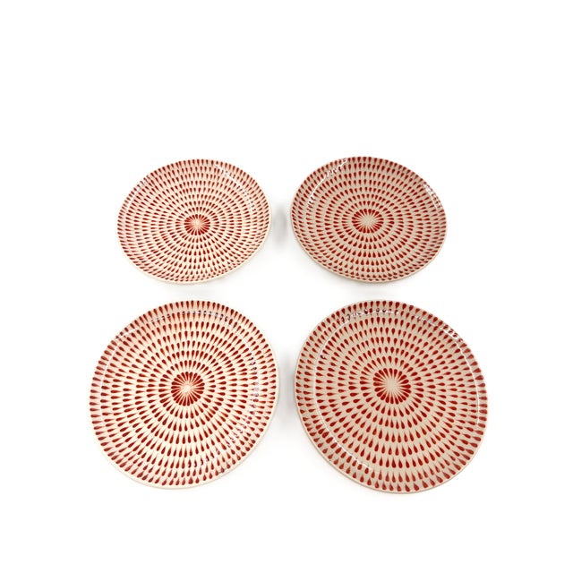 Set of 4 Bat Trang Vietnamese Ceramic Dessert/Salad Plates With Hand Painted Red Brushstroke Motif For Sale In New York - Image 6 of 7