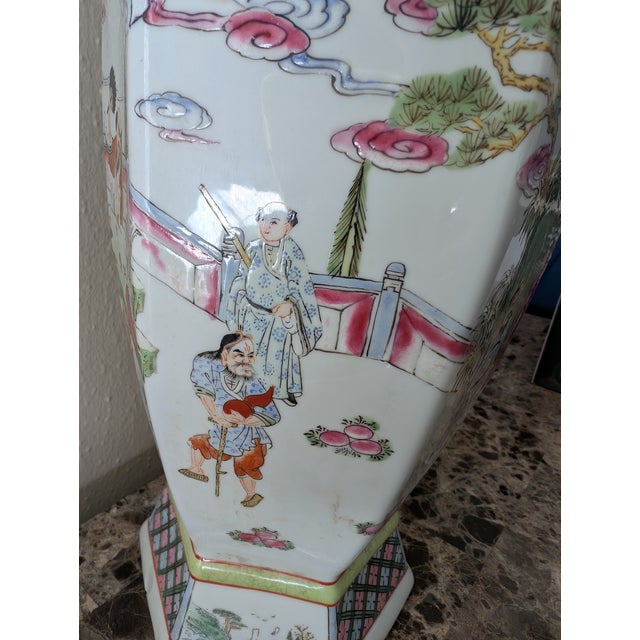 Antique Chinese Famille Rose Eight Immortals Hexagonal Shape Vase (21 Inches) For Sale - Image 10 of 12