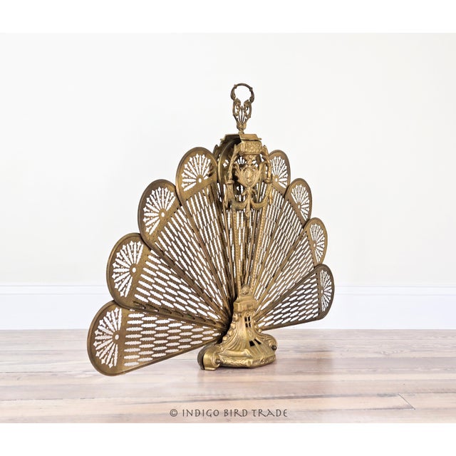 Brass Antique Victorian Cameo Brass Peacock Folding Fan Fireplace Screen For Sale - Image 8 of 11