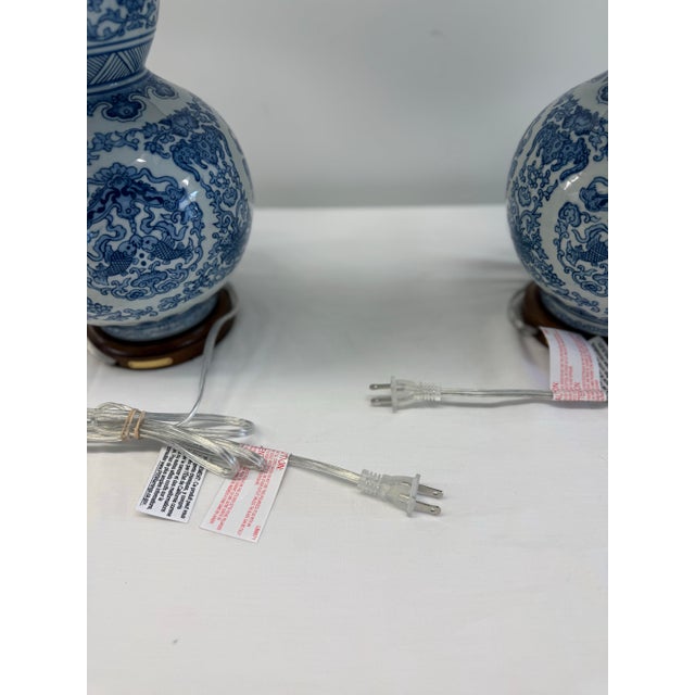 Late 20th Century Pair of Ralph Lauren Home Blue & White Porcelain Double Gourd Table Lamps With White/Blue Trim Shades For Sale - Image 10 of 11