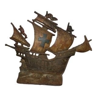 Antique Cold Painted Cast Iron Ship Sail Boat Nautical Table Boudoir Lamp Light For Sale