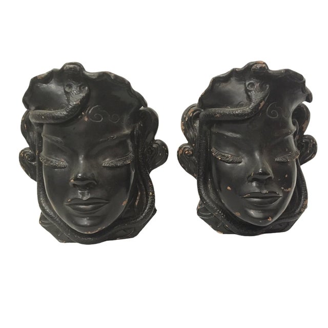 Antique 1920s Art Deco Egyptian Revival Black Clay Wall Hangings - a Pair Mask Wall Pockets For Sale - Image 13 of 13