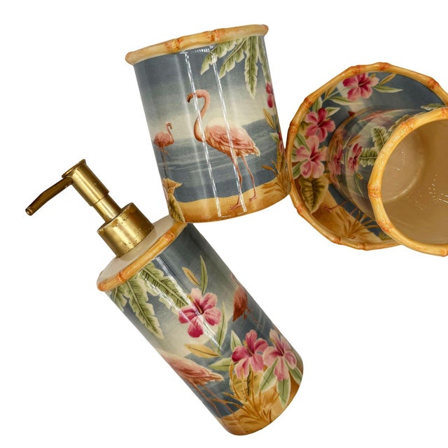 Set of 3 1980's Hand-Painted Tropical "Palm Coast" Bathroom Sink Set by Carter Club For Sale - Image 4 of 8