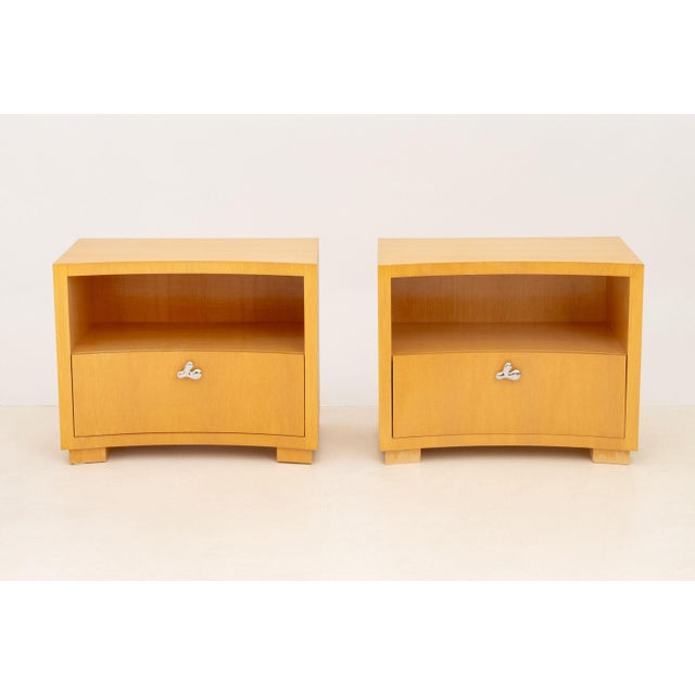 Pair of Modern Maple Concave Bedside Tables, with one open shelf above single frieze drawer. &nbsp; 24" H x 30" W x 18.75"...