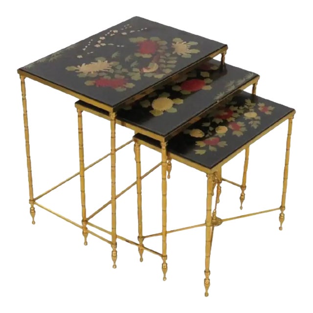 Set Brass French Maison Bagues Style Faux Bamboo Form Chinoiserie Nesting Tables For Sale