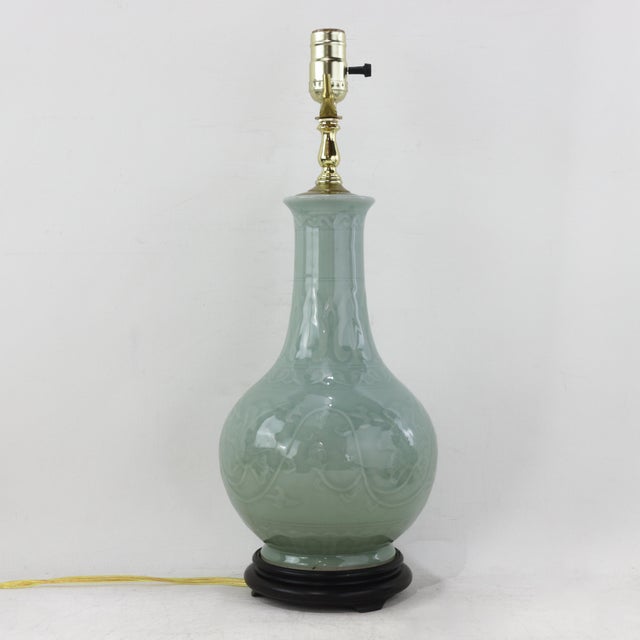 Ceramic Pair of Vintage Celadon Green Porcelain Table Lamps Incised Floral Motif With Rosewood Bases For Sale - Image 7 of 16