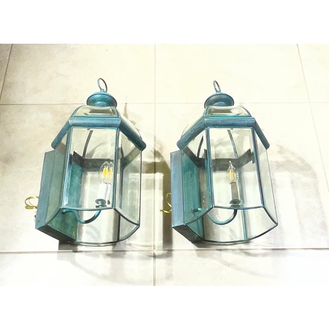 Exquisite Pair of Solid Brass & Verdigris Wall Lanterns For Sale - Image 11 of 17