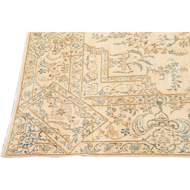 1960s Vintage Persian Distressed Handmade Medallion Beige Wool Rug For Sale - Image 4 of 8