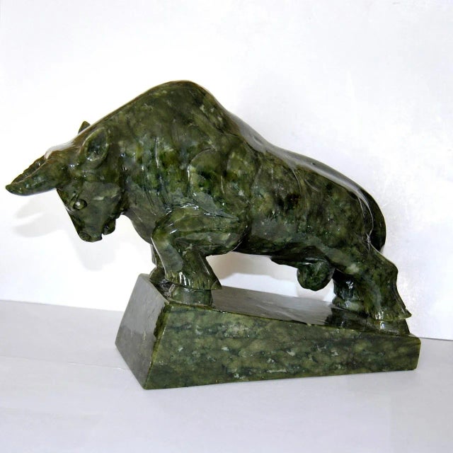 Spinach Jade Charging Bull Oxen Sculpture Statuette Figurine on Pedestal. Fabulous piece of Chinese art ornately carved...