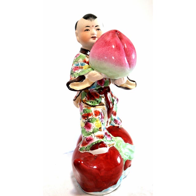 1940s Hand Painted Porcelain Chinese Figuirines on Gourds Bearing Gifts - a Pair For Sale - Image 10 of 12