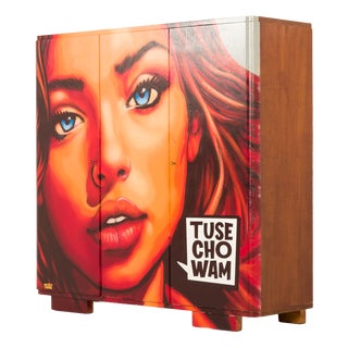 Mid-Century Hand-Painted Wardrobe in Elm, Poland, 1950s For Sale
