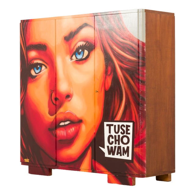 Mid-Century Hand-Painted Wardrobe in Elm, Poland, 1950s For Sale