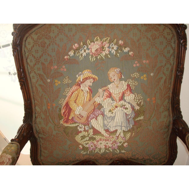 Ornate French Louis XV–Style Carved Wood Armchair With Floral Tapestry Upholstery For Sale - Image 11 of 15