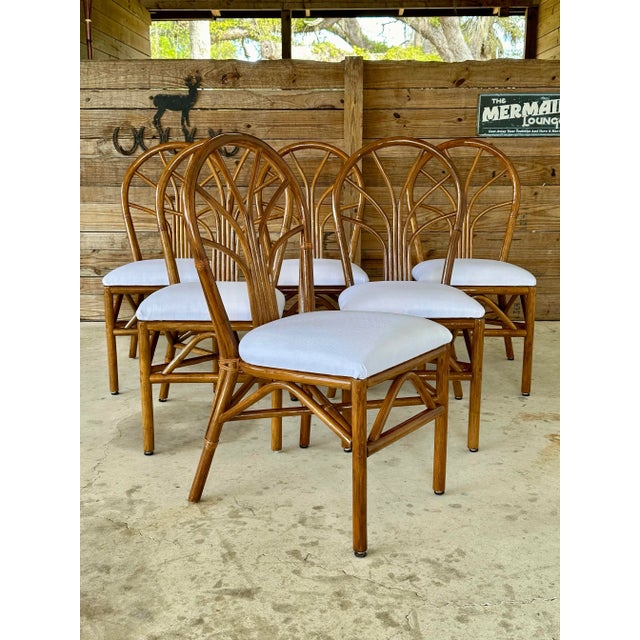 Brown Set of 6 Restored Coastal Rattan Dining Chairs in White Sunbrella For Sale - Image 8 of 11