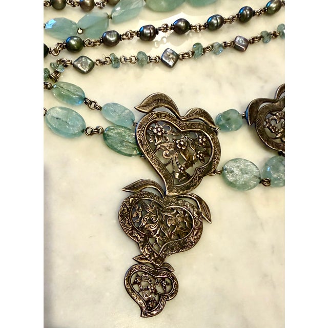 Late 20th Century Stephen Dweck Sterling, Black Pearl, Tumbled Aquamarine Multi-Strand Necklace For Sale - Image 15 of 17