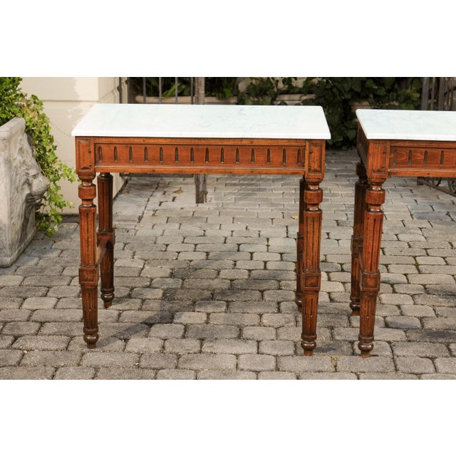 Pair of French 1870s Neoclassical Style Wooden Console Tables with Marble Tops For Sale - Image 10 of 12