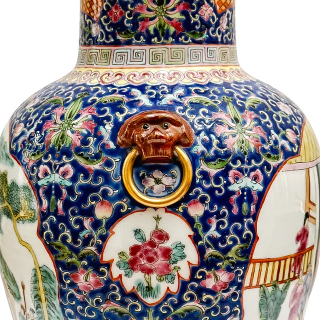 Mid 20th Century Monumental 21" Chinese Famille Rose Medallion Porcelain Palace Jars With Foo Dog Lids For Sale - Image 10 of 14