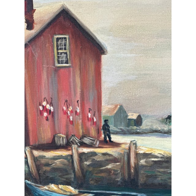 Nautical Vintage 1965 Framed Painting of Dinghys and Sailboat at the Lobster-Mans Shack in the Harbor For Sale - Image 3 of 13