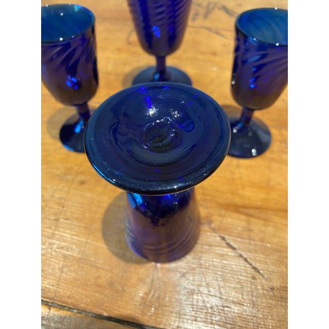 Hand Blown Cobalt Cordial Glasses With Swirl Design- Set of 4 For Sale - Image 4 of 4